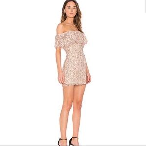 Revolve Endless Rose Lace Off the Shoulder Dress in blush combo Small